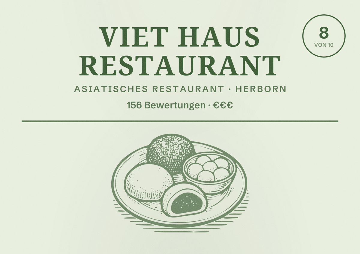 Illustriertes Poster von Viet Haus Restaurant, Asiatisches Restaurant in Herborn: Bewertung 8 von 10 aus 156 Bewertungen, Preisniveau €€€
