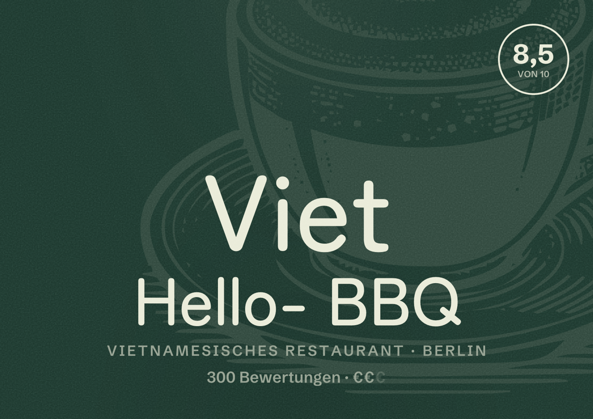 Illustriertes Poster von Viet Hello- BBQ, Vietnamesisches Restaurant in Berlin: Bewertung 8,5 von 10 aus 300 Bewertungen, Preisniveau €€