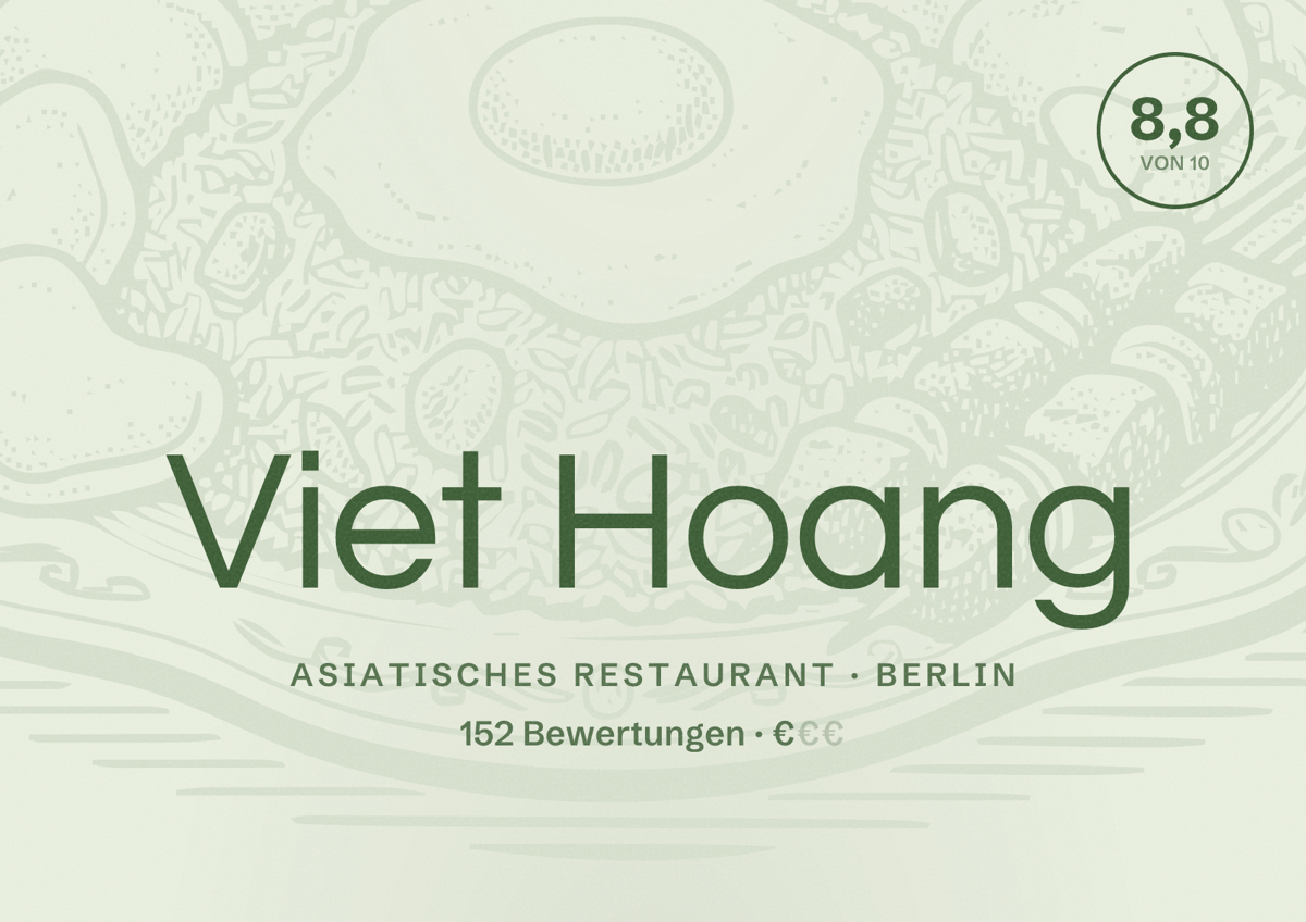 Illustriertes Poster von Viet Hoang, Asiatisches Restaurant in Berlin: Bewertung 8,8 von 10 aus 152 Bewertungen, Preisniveau €
