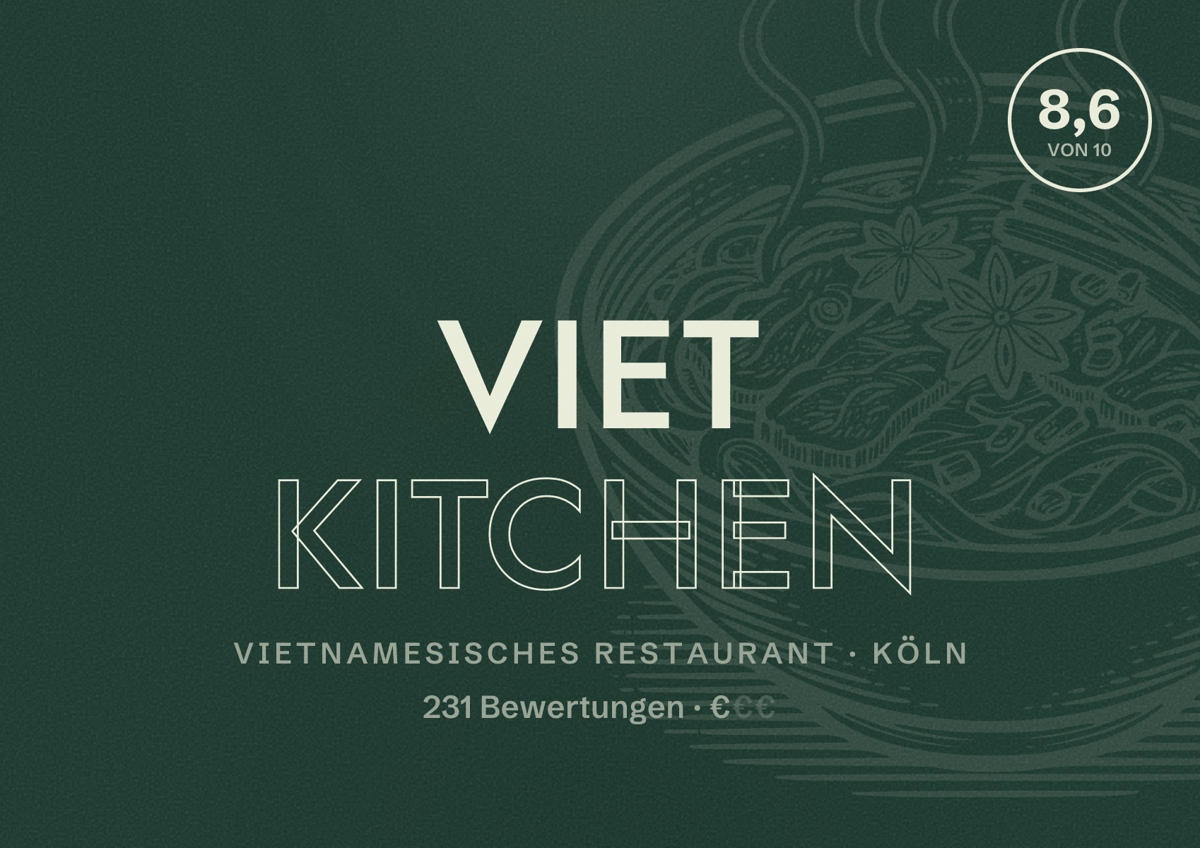 Illustriertes Poster von Viet Kitchen, Vietnamesisches Restaurant in Köln: Bewertung 8,6 von 10 aus 231 Bewertungen, Preisniveau €