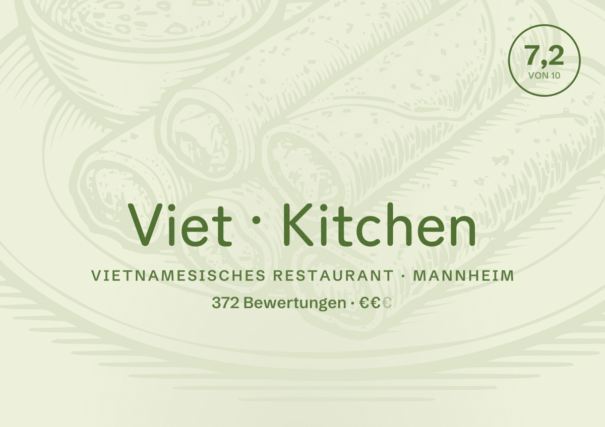 Illustriertes Poster von Viet Kitchen, Vietnamesisches Restaurant in Mannheim: Bewertung 7,2 von 10 aus 372 Bewertungen, Preisniveau €€