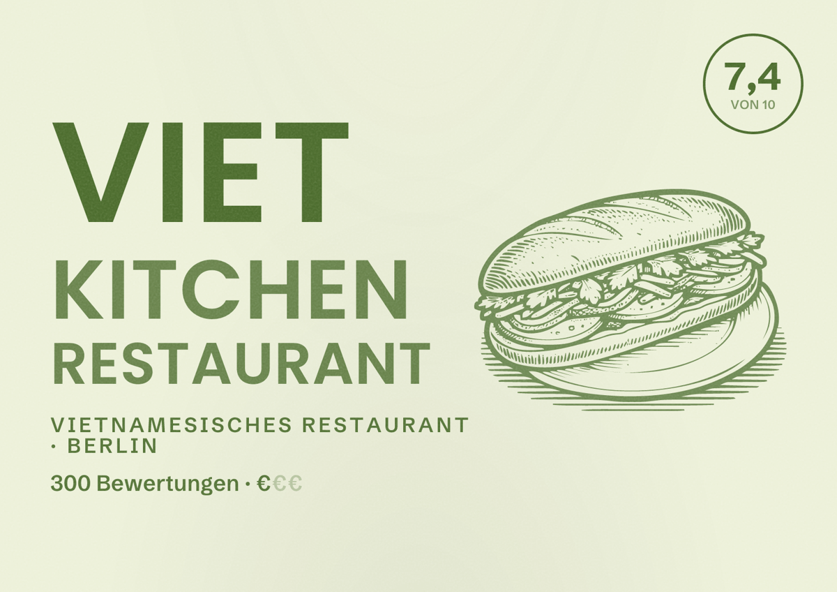 Illustriertes Poster von Viet Kitchen Restaurant, Vietnamesisches Restaurant in Berlin: Bewertung 7,4 von 10 aus 300 Bewertungen, Preisniveau €