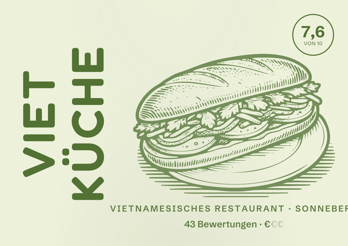 Illustriertes Poster von Viet Küche, Vietnamesisches Restaurant in Sonneberg: Bewertung 7,6 von 10 aus 43 Bewertungen, Preisniveau €