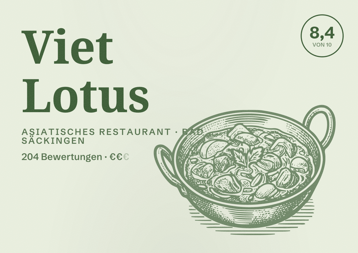 Illustriertes Poster von Viet Lotus, Asiatisches Restaurant in Bad Säckingen: Bewertung 8,4 von 10 aus 204 Bewertungen, Preisniveau €€