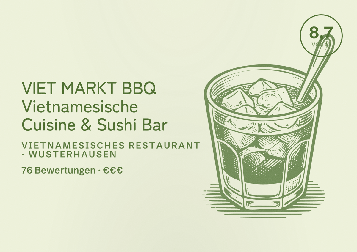 Illustriertes Poster von VIET MARKT BBQ Vietnamesische Cuisine & Sushi Bar, Vietnamesisches Restaurant in Wusterhausen: Bewertung 8,7 von 10 aus 76 Bewertungen, Preisniveau €€€