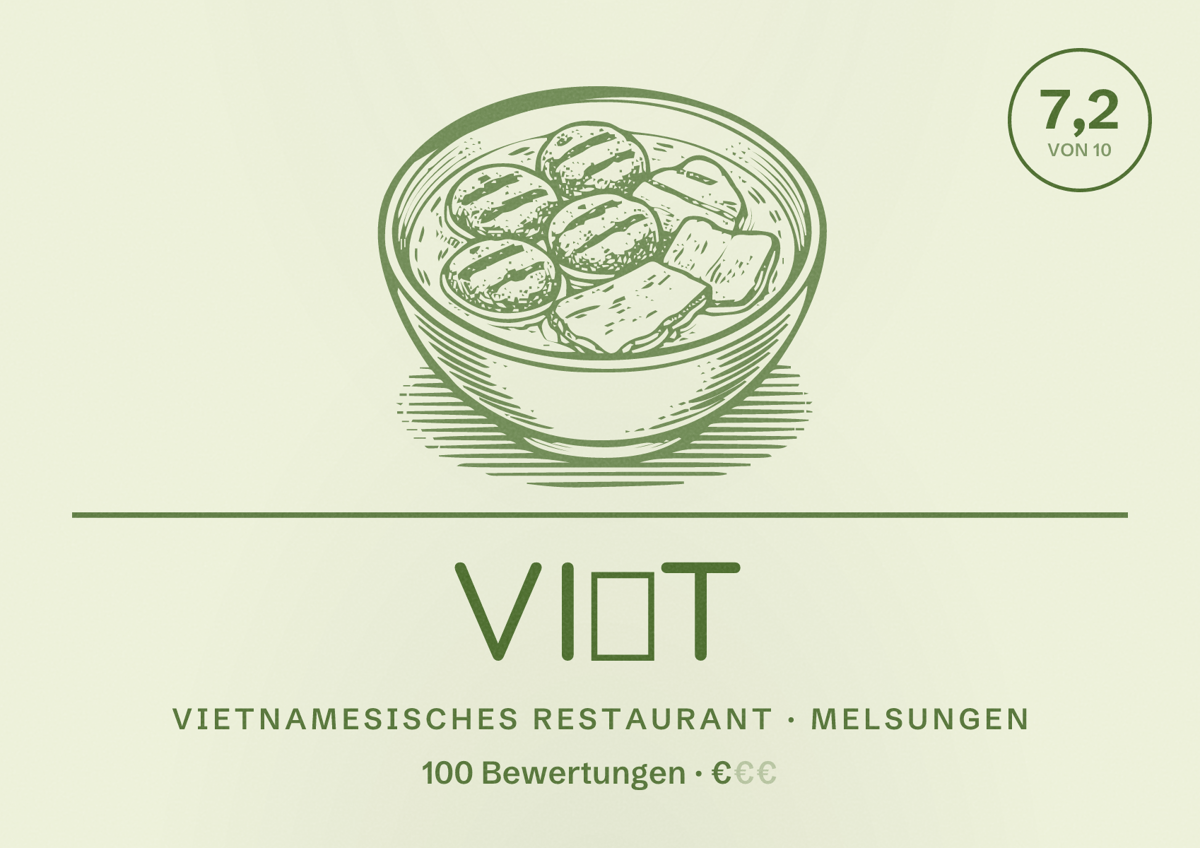 Illustriertes Poster von Việt, Vietnamesisches Restaurant in Melsungen: Bewertung 7,2 von 10 aus 100 Bewertungen, Preisniveau €
