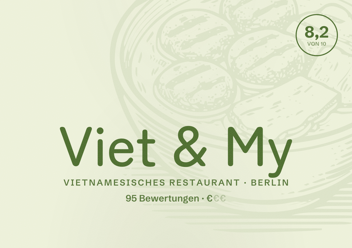 Illustriertes Poster von Viet & My, Vietnamesisches Restaurant in Berlin: Bewertung 8,2 von 10 aus 95 Bewertungen, Preisniveau €