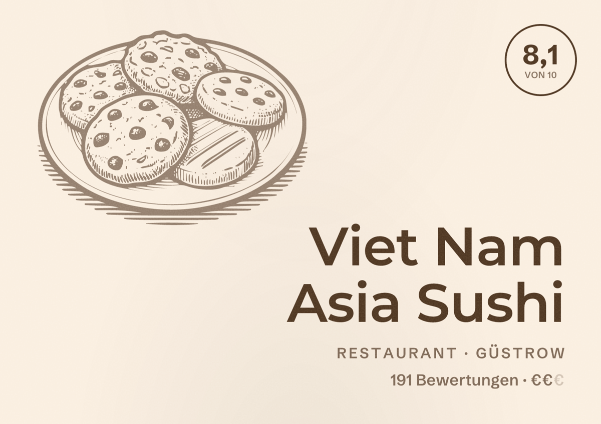 Illustriertes Poster von Viet Nam Asia Sushi, Restaurant in Güstrow: Bewertung 8,1 von 10 aus 191 Bewertungen, Preisniveau €€