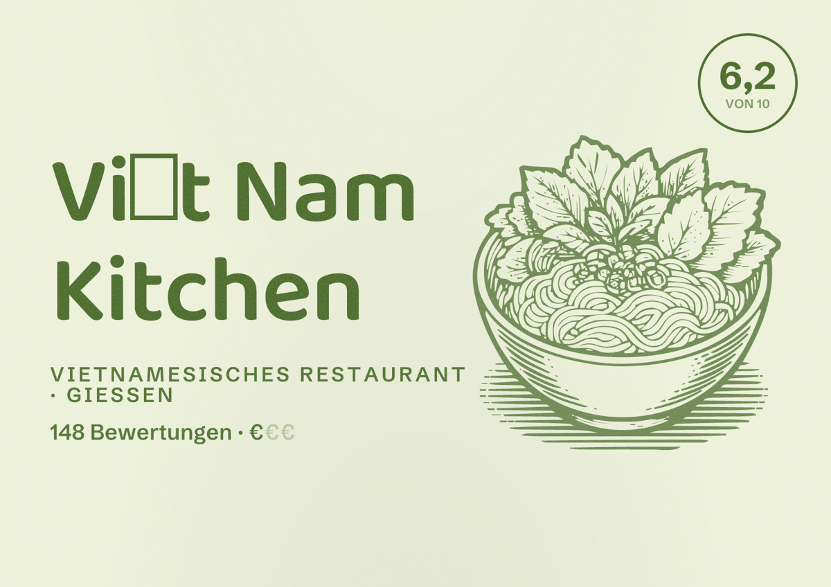 Illustriertes Poster von Việt Nam Kitchen, Vietnamesisches Restaurant in Gießen: Bewertung 6,2 von 10 aus 148 Bewertungen, Preisniveau €