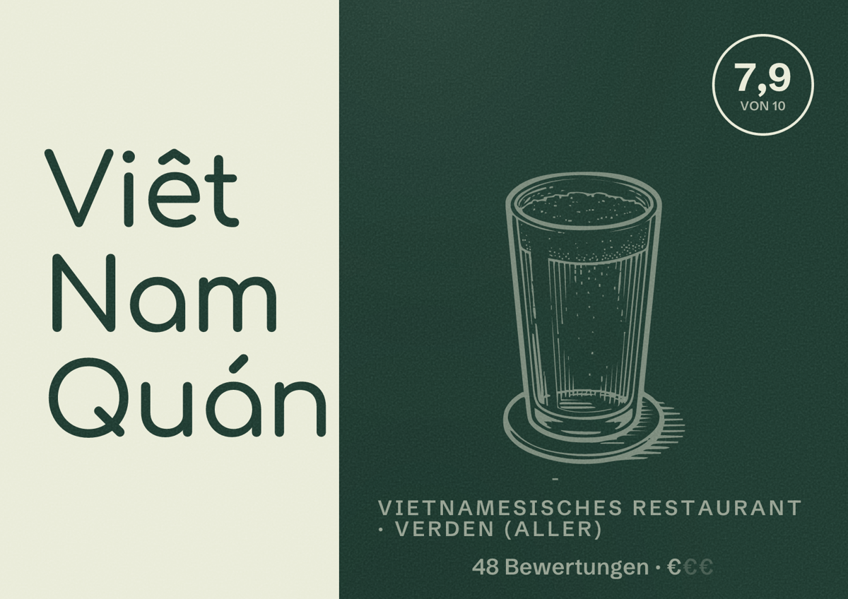 Illustriertes Poster von Viêt Nam Quán, Vietnamesisches Restaurant in Verden (Aller): Bewertung 7,9 von 10 aus 48 Bewertungen, Preisniveau €