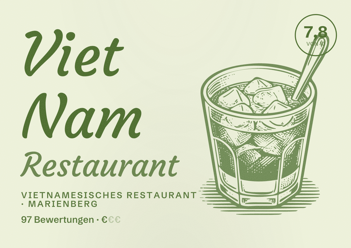 Illustriertes Poster von Viet Nam Restaurant, Vietnamesisches Restaurant in Marienberg: Bewertung 7,8 von 10 aus 97 Bewertungen, Preisniveau €