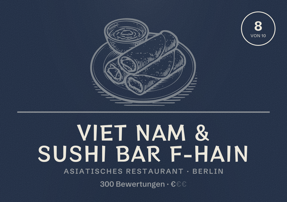 Illustriertes Poster von Viet Nam & Sushi Bar F-Hain, Asiatisches Restaurant in Berlin: Bewertung 8,0 von 10 aus 300 Bewertungen, Preisniveau €