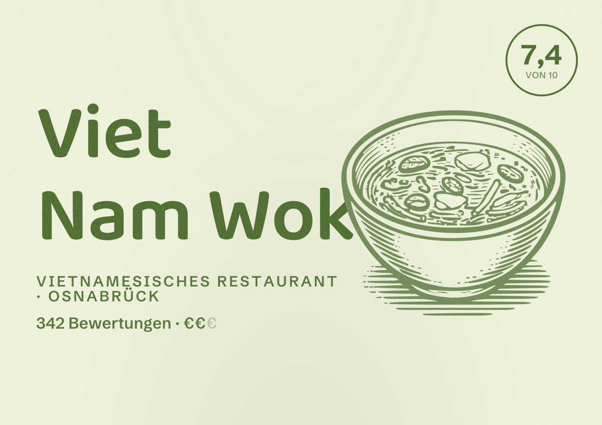 Illustriertes Poster von Viet Nam Wok, Vietnamesisches Restaurant in Osnabrück: Bewertung 7,4 von 10 aus 342 Bewertungen, Preisniveau €€
