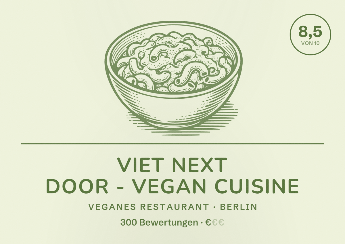 Illustriertes Poster von Viet Next Door - Vegan Cuisine, Veganes Restaurant in Berlin: Bewertung 8,5 von 10 aus 300 Bewertungen, Preisniveau €