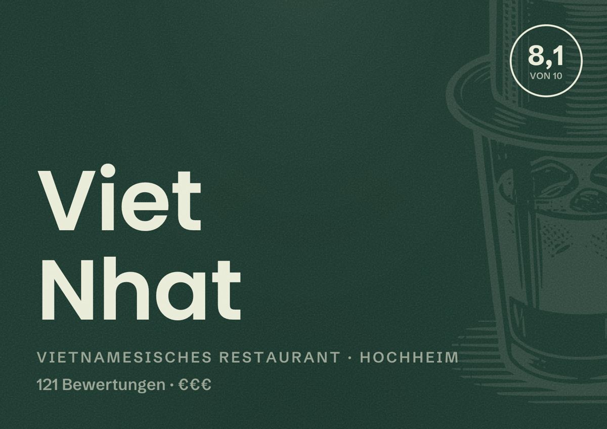 Illustriertes Poster von Viet Nhat, Vietnamesisches Restaurant in Hochheim: Bewertung 8,1 von 10 aus 121 Bewertungen, Preisniveau €€€