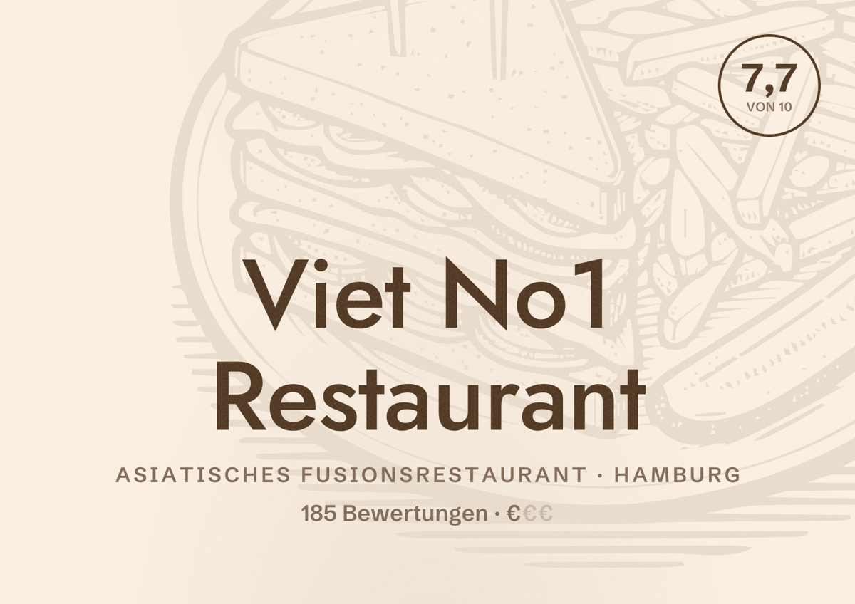 Illustriertes Poster von Viet No1 Restaurant, Asiatisches Fusionsrestaurant in Hamburg: Bewertung 7,7 von 10 aus 185 Bewertungen, Preisniveau €