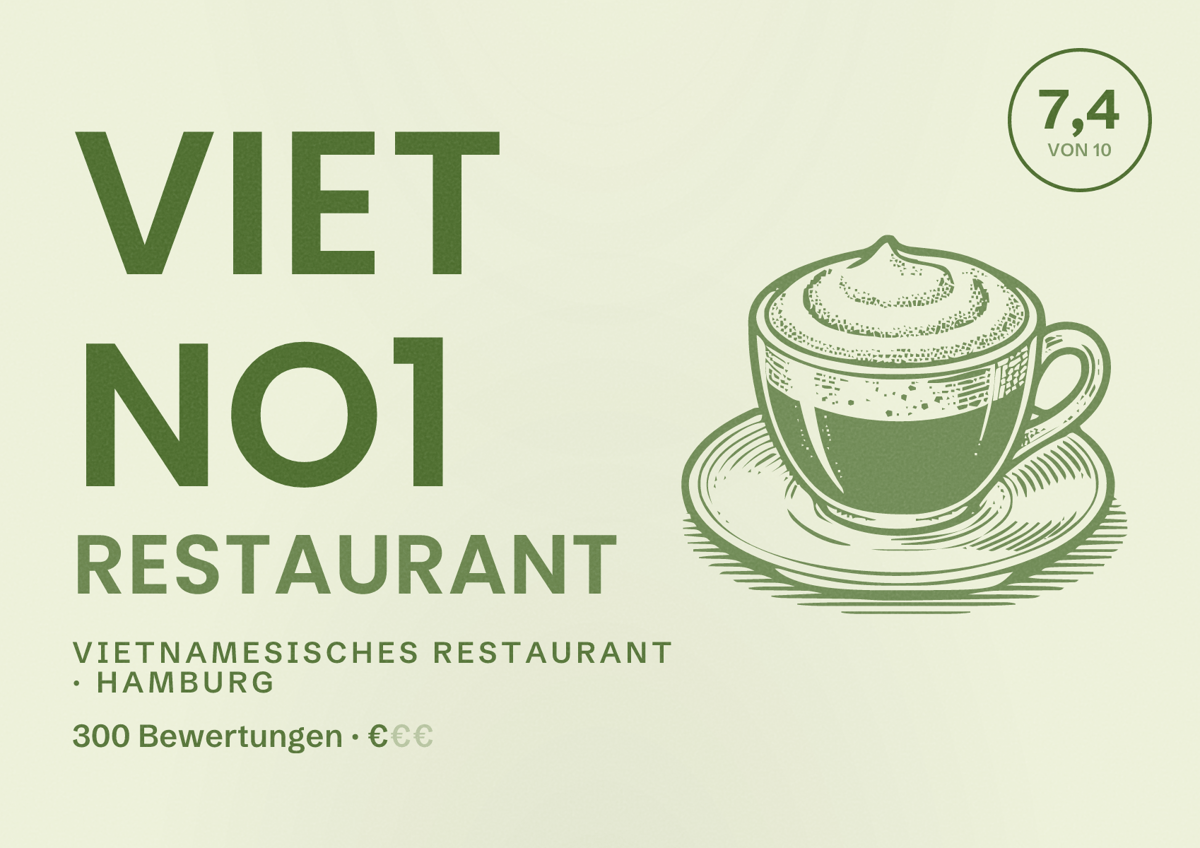 Illustriertes Poster von Viet No1 Restaurant, Vietnamesisches Restaurant in Hamburg: Bewertung 7,4 von 10 aus 300 Bewertungen, Preisniveau €