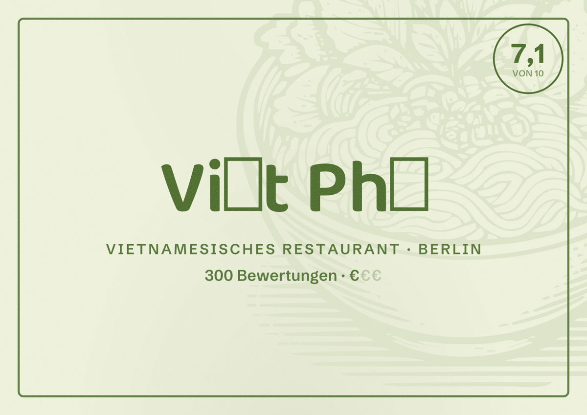 Illustriertes Poster von Việt Phố, Vietnamesisches Restaurant in Berlin: Bewertung 7,1 von 10 aus 300 Bewertungen, Preisniveau €