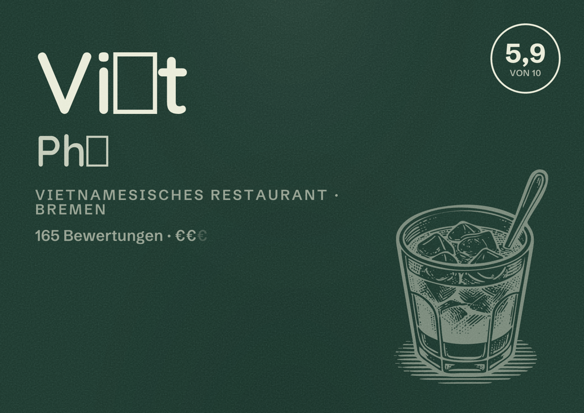 Illustriertes Poster von Việt Phố, Vietnamesisches Restaurant in Bremen: Bewertung 5,9 von 10 aus 165 Bewertungen, Preisniveau €€