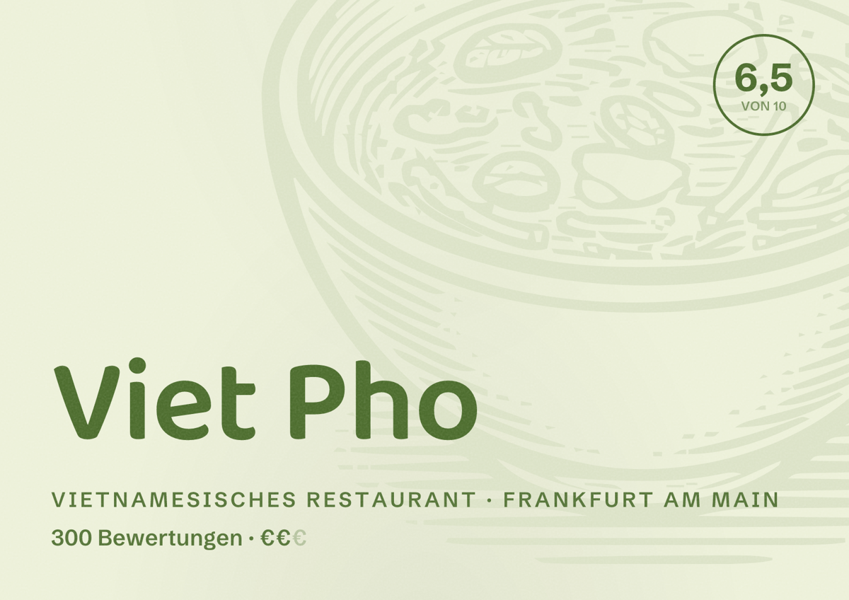 Illustriertes Poster von Viet Pho, Vietnamesisches Restaurant in Frankfurt am Main: Bewertung 6,5 von 10 aus 300 Bewertungen, Preisniveau €€