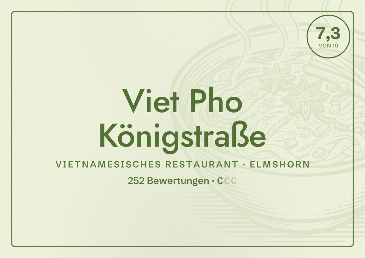 Illustriertes Poster von Viet Pho Königstraße, Vietnamesisches Restaurant in Elmshorn: Bewertung 7,3 von 10 aus 252 Bewertungen, Preisniveau €