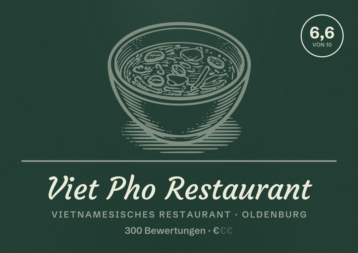 Illustriertes Poster von Viet Pho Restaurant, Vietnamesisches Restaurant in Oldenburg: Bewertung 6,6 von 10 aus 300 Bewertungen, Preisniveau €