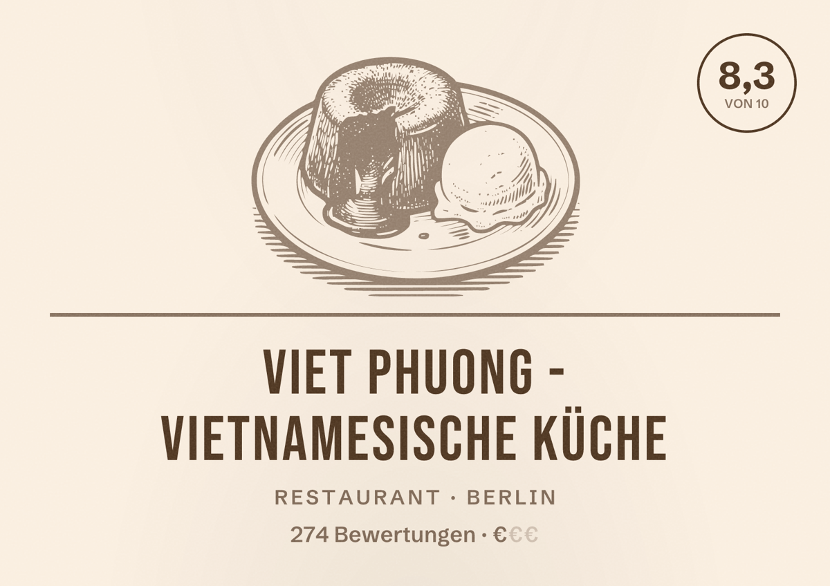 Illustriertes Poster von Viet Phuong - vietnamesische Küche, Restaurant in Berlin: Bewertung 8,3 von 10 aus 274 Bewertungen, Preisniveau €