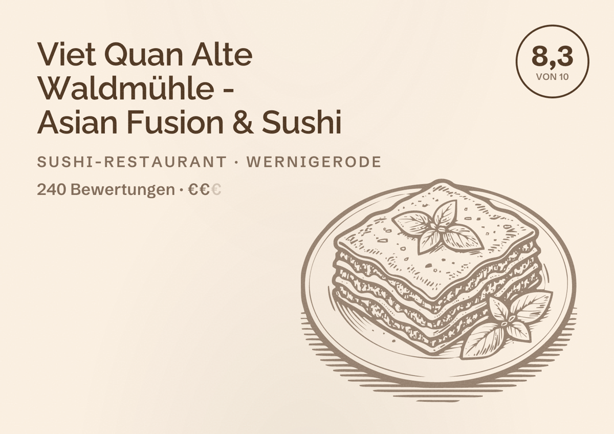 Illustriertes Poster von Viet Quan Alte Waldmühle - Asian Fusion & Sushi, Sushi-Restaurant in Wernigerode: Bewertung 8,3 von 10 aus 240 Bewertungen, Preisniveau €€