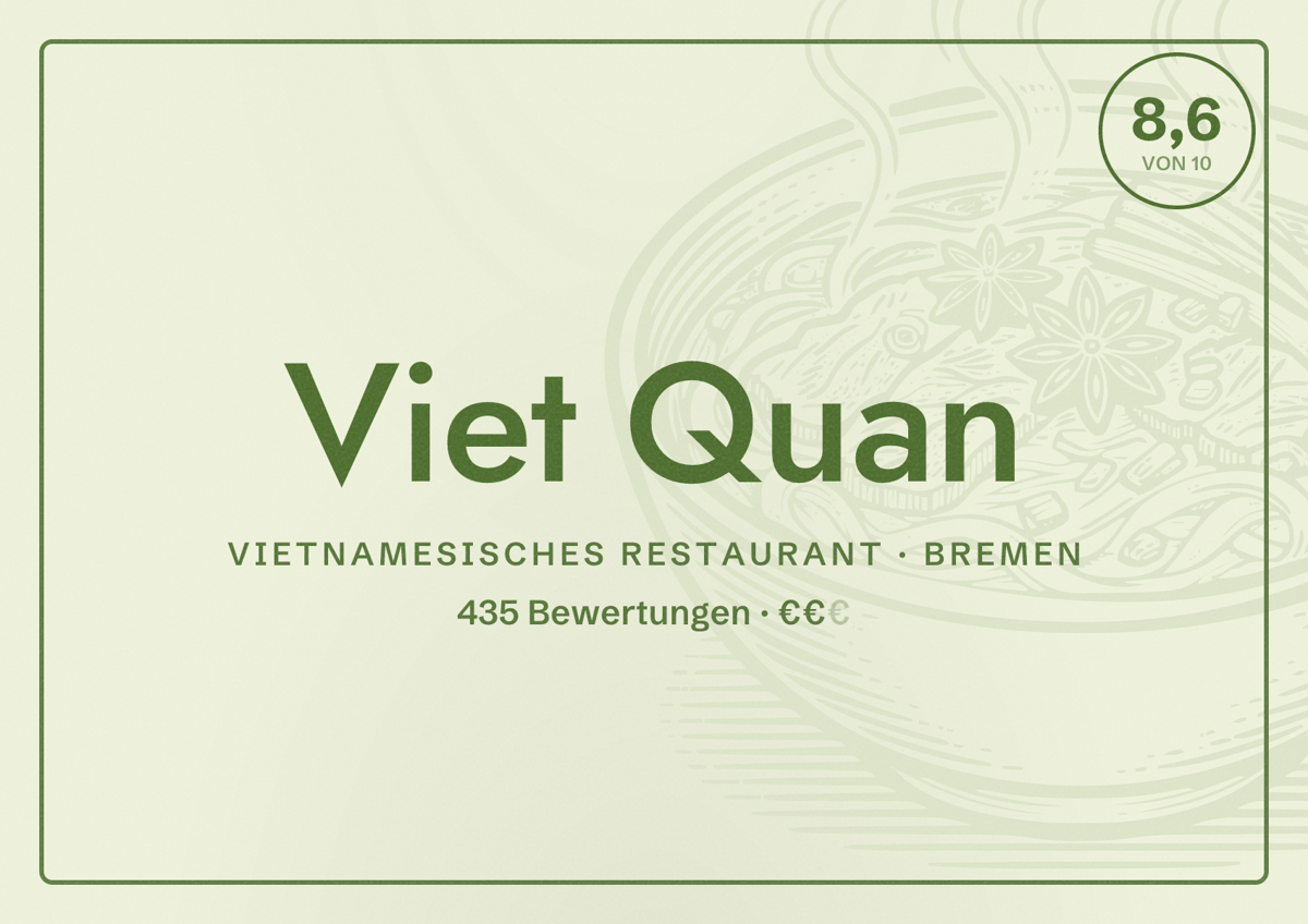 Illustriertes Poster von Viet Quan, Vietnamesisches Restaurant in Bremen: Bewertung 8,6 von 10 aus 435 Bewertungen, Preisniveau €€