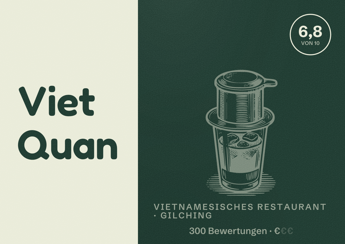 Illustriertes Poster von Viet Quan, Vietnamesisches Restaurant in Gilching: Bewertung 6,8 von 10 aus 300 Bewertungen, Preisniveau €