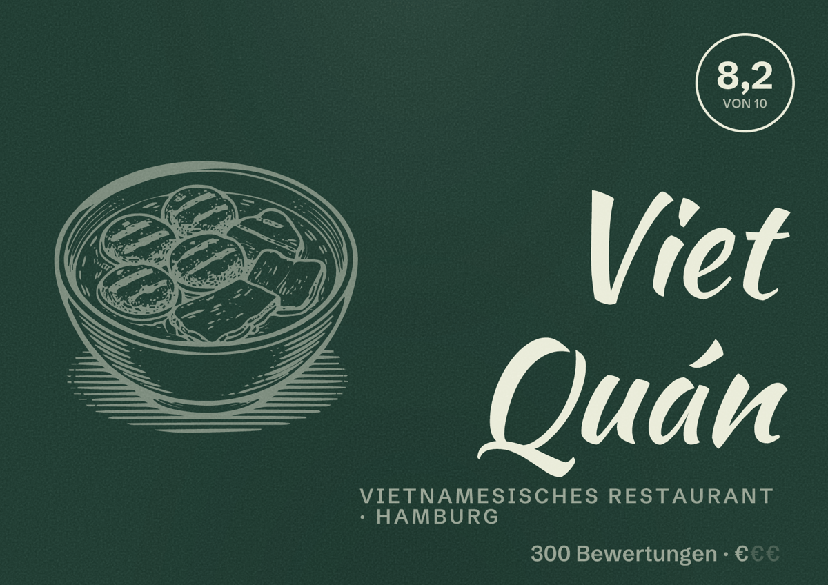 Illustriertes Poster von Viet Quán, Vietnamesisches Restaurant in Hamburg: Bewertung 8,2 von 10 aus 300 Bewertungen, Preisniveau €