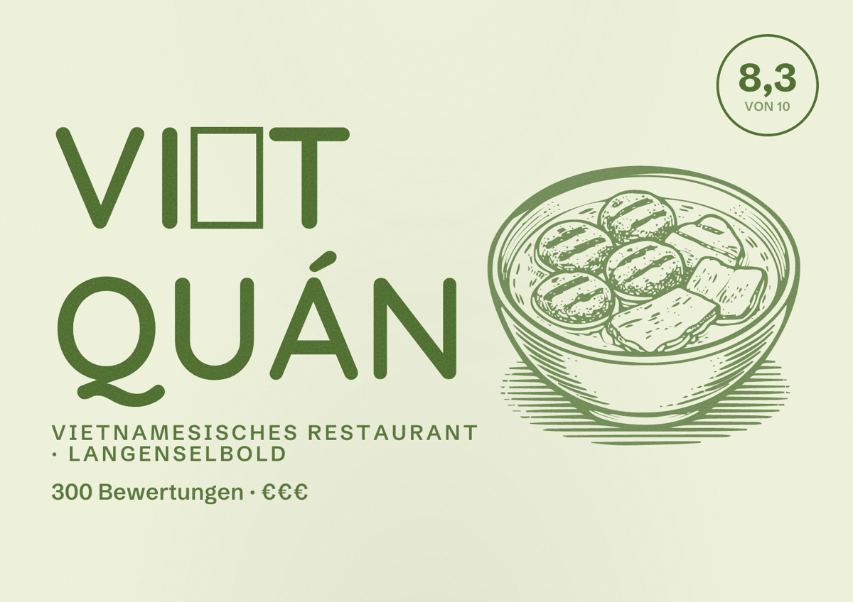 Illustriertes Poster von Việt Quán, Vietnamesisches Restaurant in Langenselbold: Bewertung 8,3 von 10 aus 300 Bewertungen, Preisniveau €€€