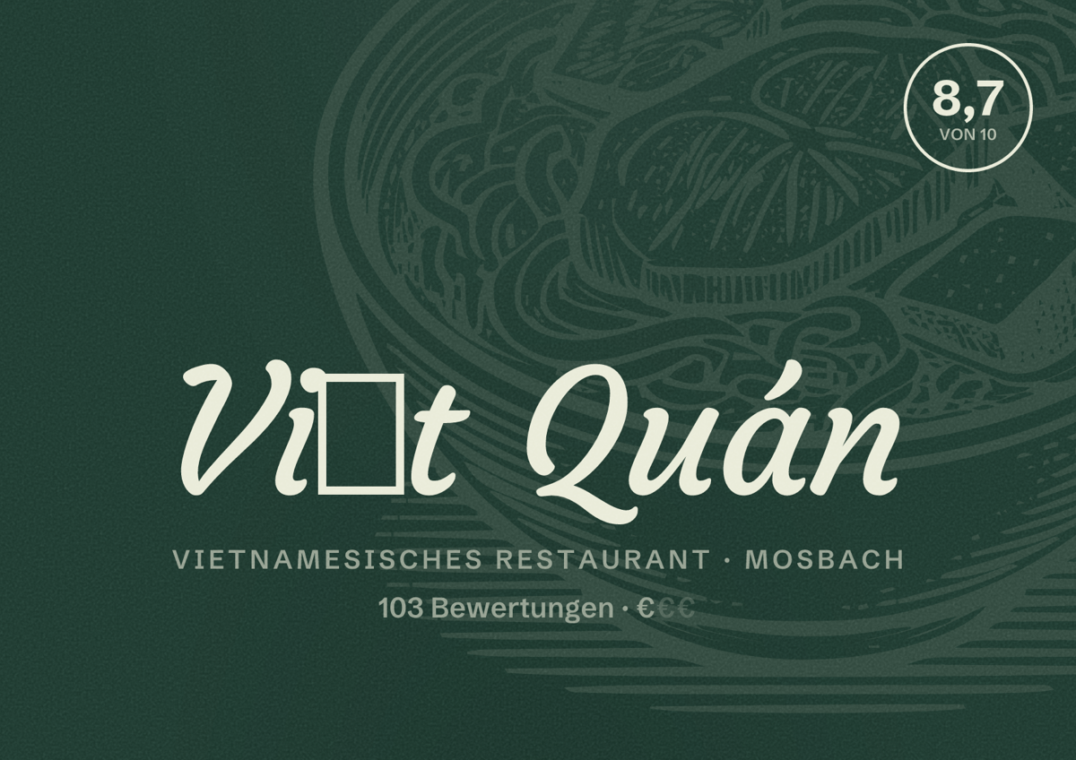 Illustriertes Poster von Việt Quán, Vietnamesisches Restaurant in Mosbach: Bewertung 8,7 von 10 aus 103 Bewertungen, Preisniveau €