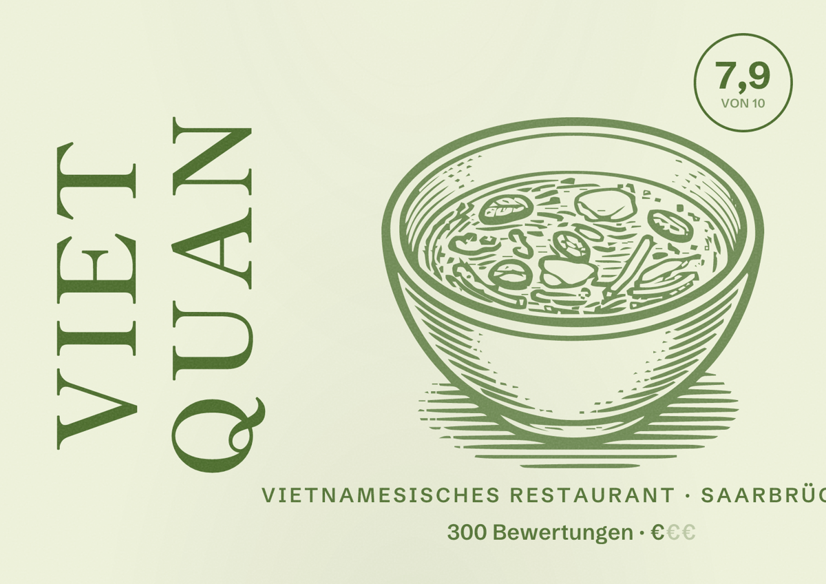 Illustriertes Poster von Viet Quan, Vietnamesisches Restaurant in Saarbrücken: Bewertung 7,9 von 10 aus 300 Bewertungen, Preisniveau €