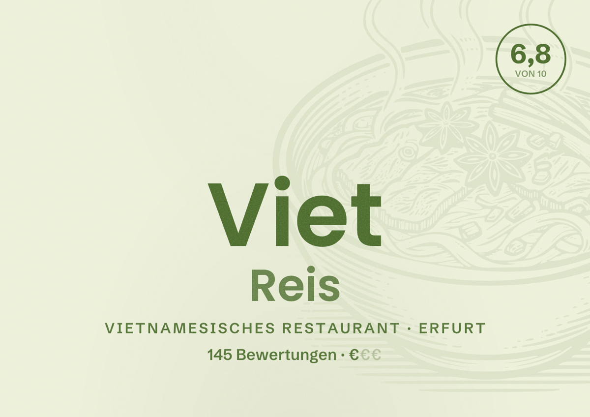 Illustriertes Poster von Viet Reis, Vietnamesisches Restaurant in Erfurt: Bewertung 6,8 von 10 aus 145 Bewertungen, Preisniveau €