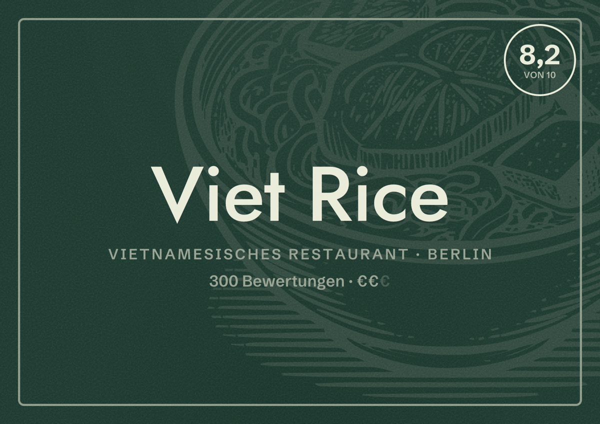 Illustriertes Poster von Viet Rice, Vietnamesisches Restaurant in Berlin: Bewertung 8,2 von 10 aus 300 Bewertungen, Preisniveau €€