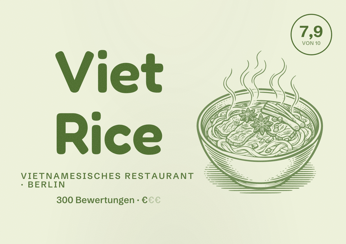 Illustriertes Poster von Viet Rice, Vietnamesisches Restaurant in Berlin: Bewertung 7,9 von 10 aus 300 Bewertungen, Preisniveau €