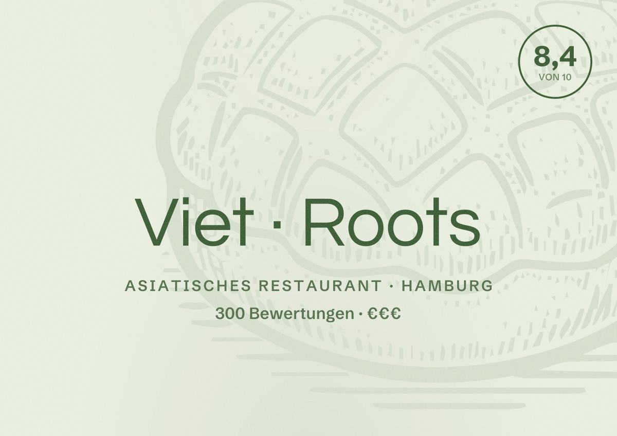 Illustriertes Poster von Viet Roots, Asiatisches Restaurant in Hamburg: Bewertung 8,4 von 10 aus 300 Bewertungen, Preisniveau €€€