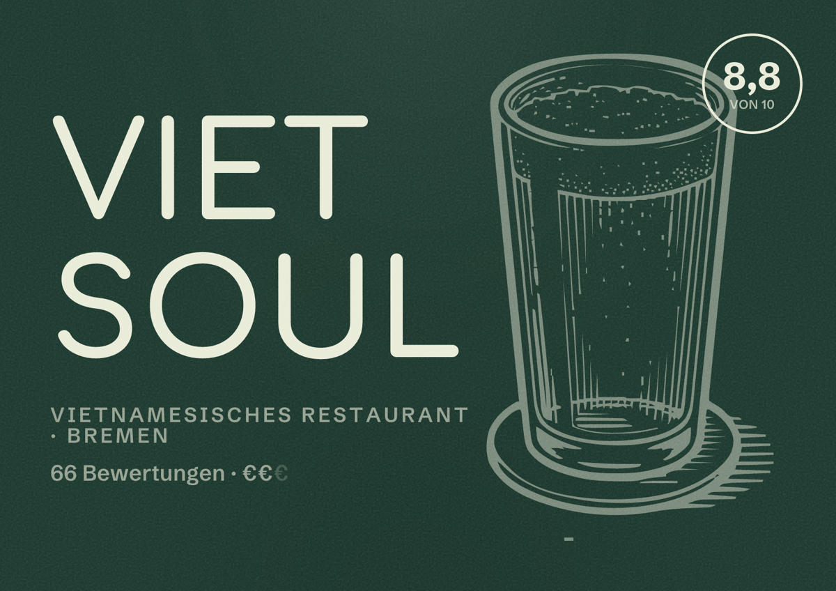Illustriertes Poster von Viet Soul, Vietnamesisches Restaurant in Bremen: Bewertung 8,8 von 10 aus 66 Bewertungen, Preisniveau €€