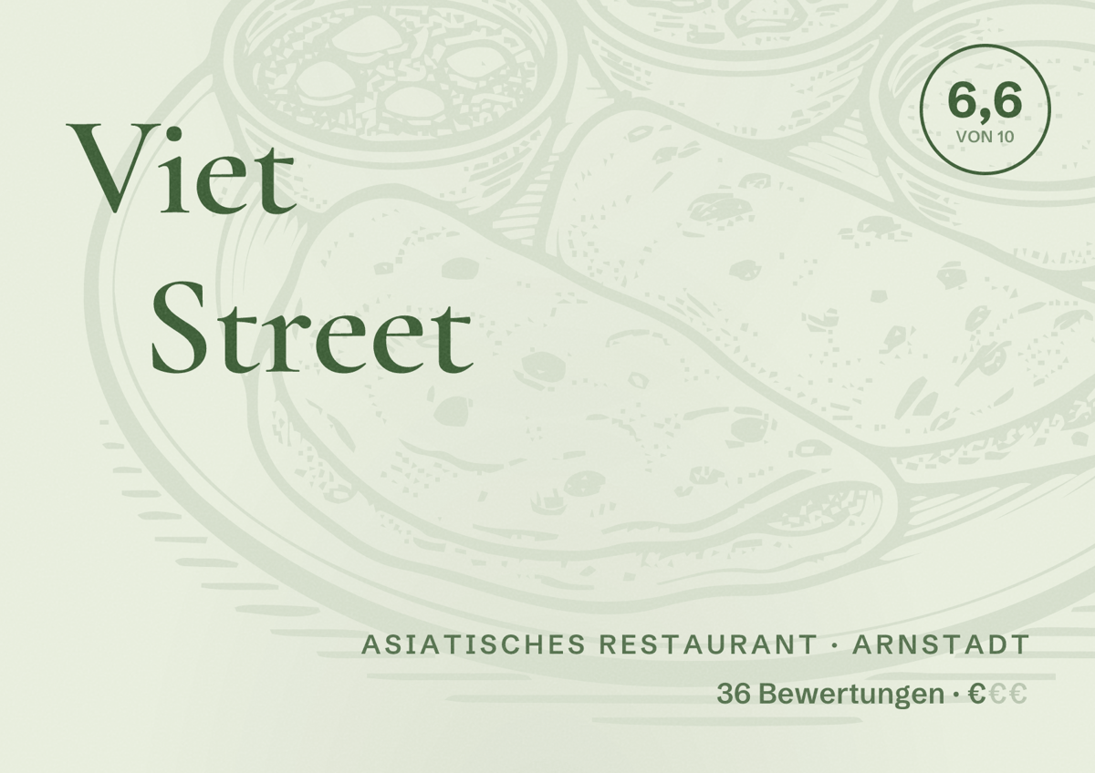 Illustriertes Poster von Viet Street, Asiatisches Restaurant in Arnstadt: Bewertung 6,6 von 10 aus 36 Bewertungen, Preisniveau €