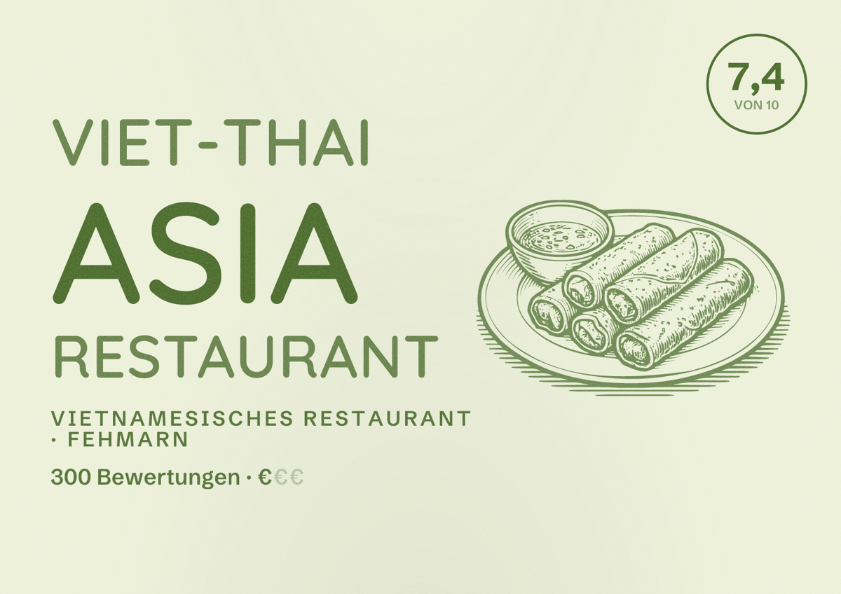 Illustriertes Poster von Viet-Thai Asia Restaurant, Vietnamesisches Restaurant in Fehmarn: Bewertung 7,4 von 10 aus 300 Bewertungen, Preisniveau €