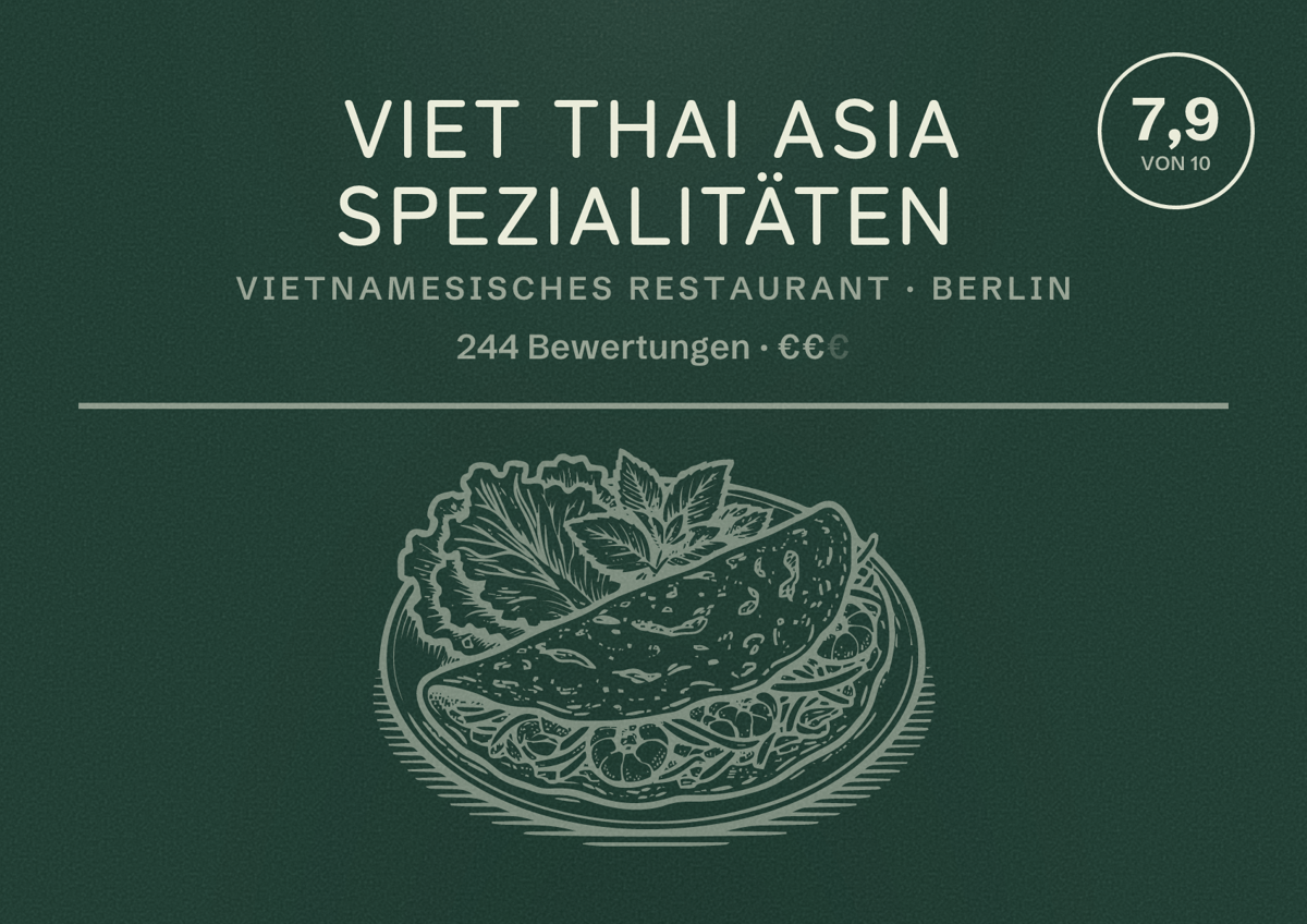 Illustriertes Poster von Viet Thai Asia Spezialitäten, Vietnamesisches Restaurant in Berlin: Bewertung 7,9 von 10 aus 244 Bewertungen, Preisniveau €€