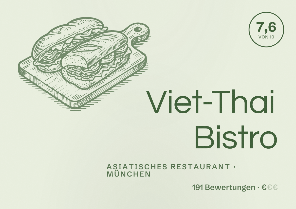 Illustriertes Poster von Viet-Thai Bistro, Asiatisches Restaurant in München: Bewertung 7,6 von 10 aus 191 Bewertungen, Preisniveau €
