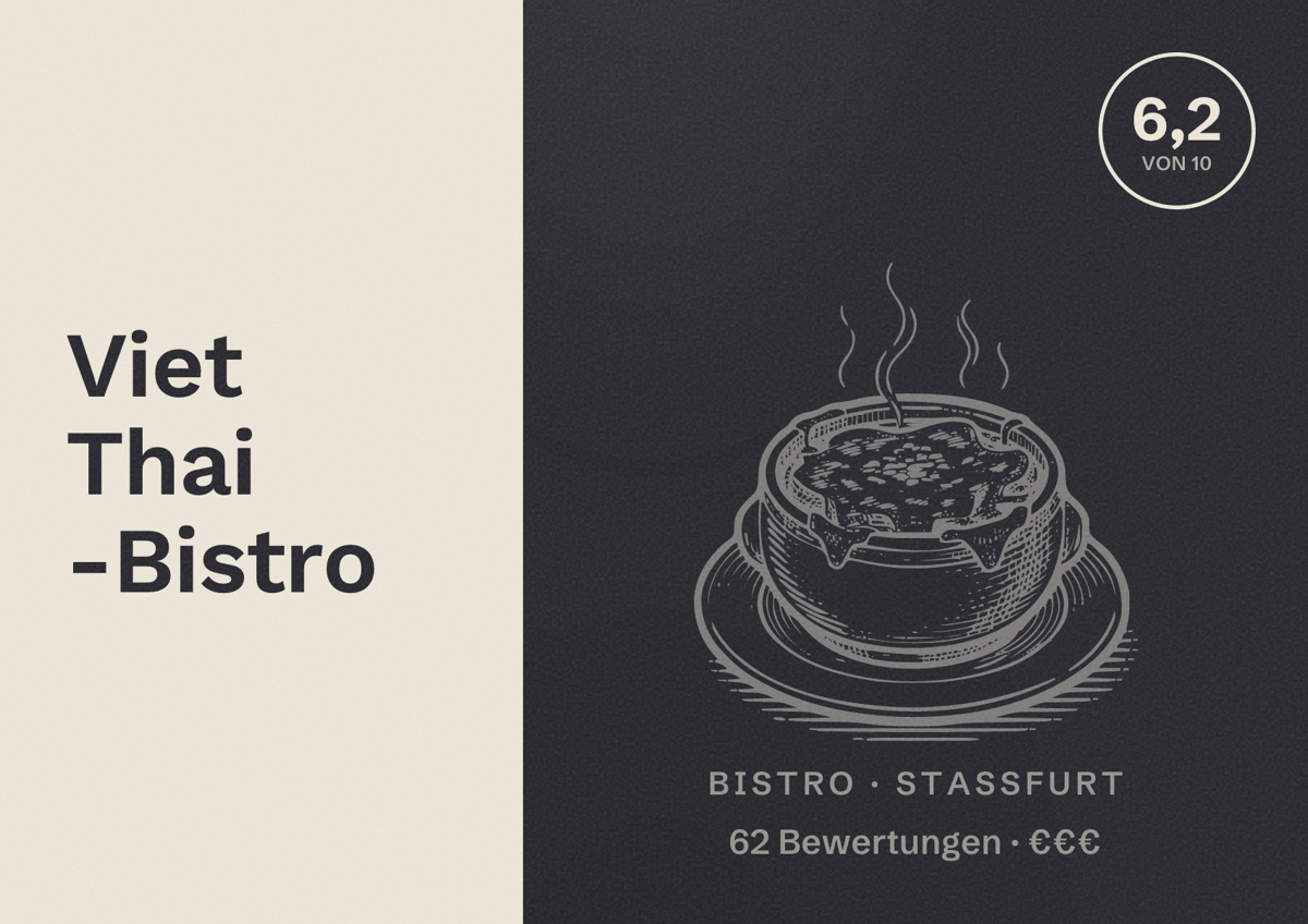 Illustriertes Poster von Viet Thai -Bistro, Bistro in Staßfurt: Bewertung 6,2 von 10 aus 62 Bewertungen, Preisniveau €€€