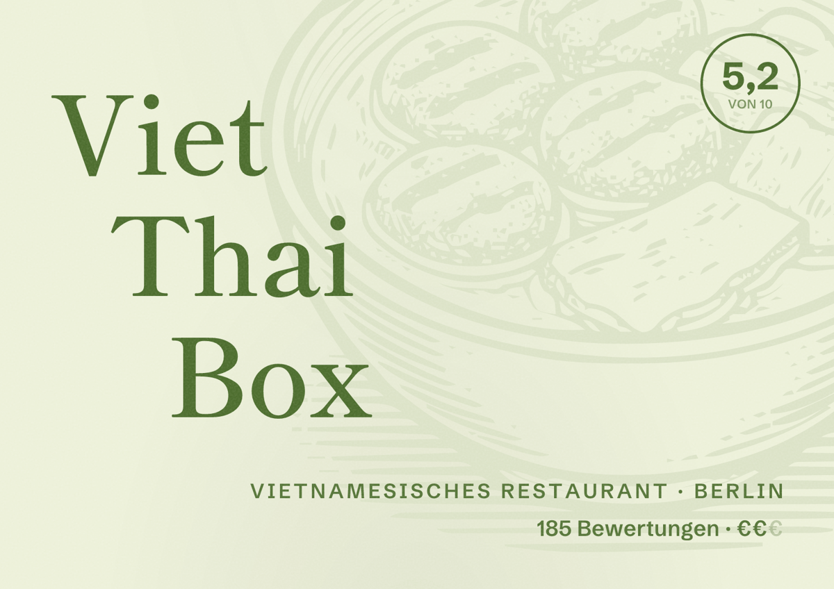 Illustriertes Poster von Viet Thai Box, Vietnamesisches Restaurant in Berlin: Bewertung 5,2 von 10 aus 185 Bewertungen, Preisniveau €€