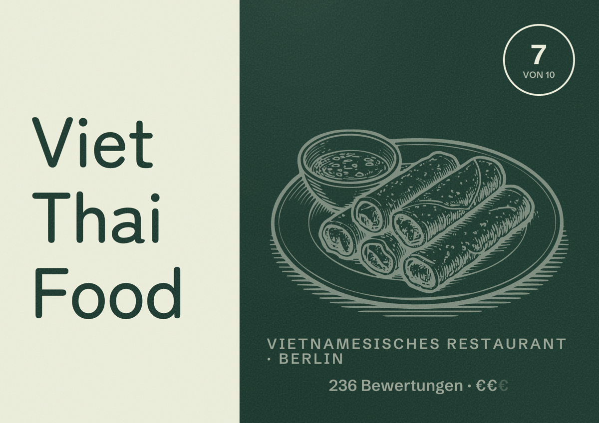 Illustriertes Poster von Viet Thai Food, Vietnamesisches Restaurant in Berlin: Bewertung 7,0 von 10 aus 236 Bewertungen, Preisniveau €€