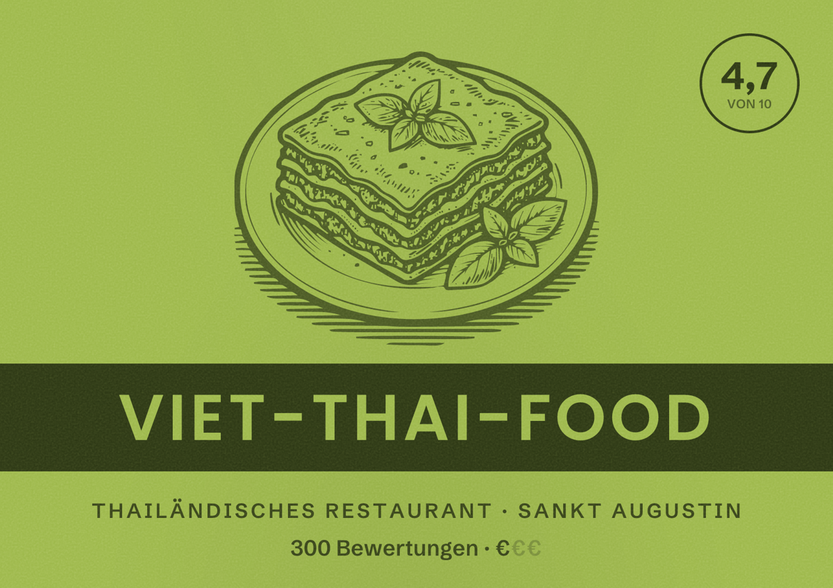 Illustriertes Poster von Viet-Thai-Food, Thailändisches Restaurant in Sankt Augustin: Bewertung 4,7 von 10 aus 300 Bewertungen, Preisniveau €