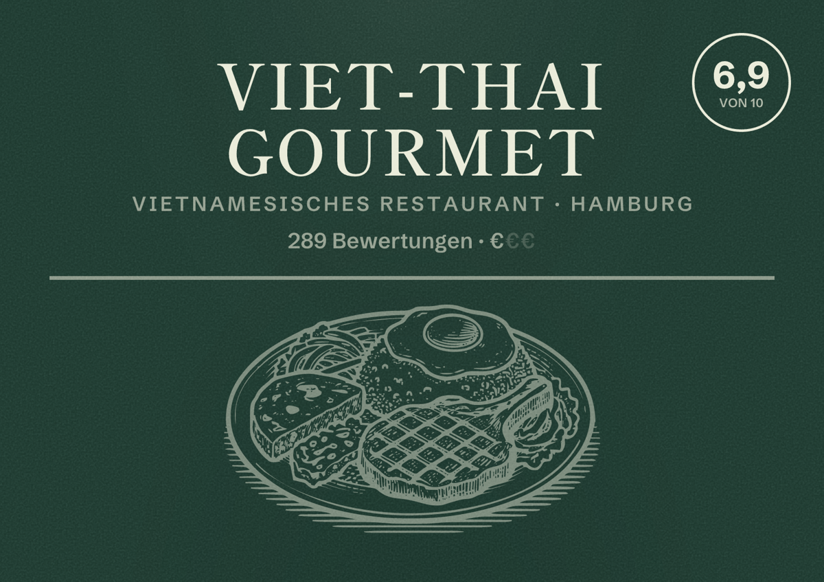 Illustriertes Poster von Viet-Thai Gourmet, Vietnamesisches Restaurant in Hamburg: Bewertung 6,9 von 10 aus 289 Bewertungen, Preisniveau €