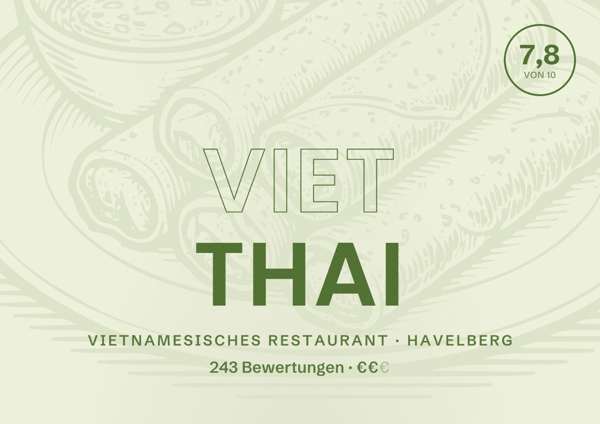 Illustriertes Poster von Viet Thai, Vietnamesisches Restaurant in Havelberg: Bewertung 7,8 von 10 aus 243 Bewertungen, Preisniveau €€