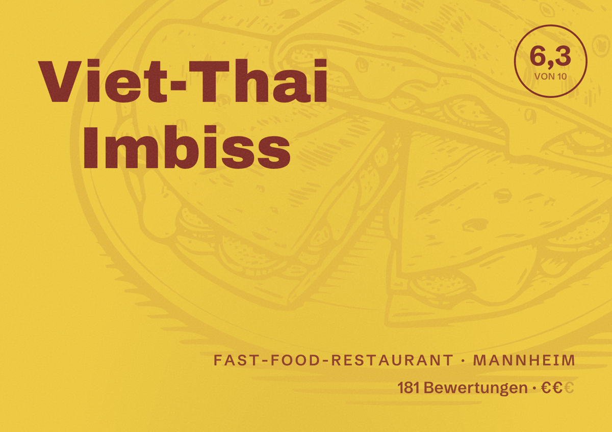 Illustriertes Poster von Viet-Thai Imbiss, Fast-Food-Restaurant in Mannheim: Bewertung 6,3 von 10 aus 181 Bewertungen, Preisniveau €€